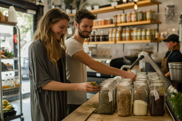 A man and a woman are waiting next to a retail counter in a store. Ideal for promoting zero waste shops and sustainable shopping practices.