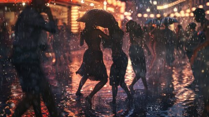 Poster - A group of people walking in the rain, each carrying an umbrella to keep dry