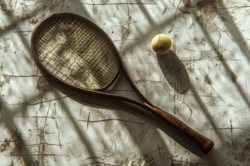 Wall Mural - A tennis racket and a tennis ball placed on a table, ready for play