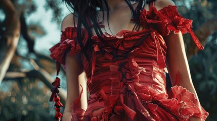 Aufkleber - A woman wearing a bright red dress stands amidst trees in a woodland setting