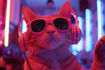 Aufkleber - A cat lounging in a room wearing trendy accessories