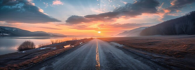 Lake and road at sunset 