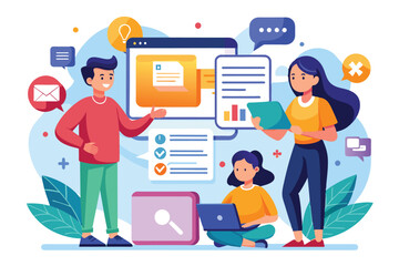 Poster - A group of people work together online, sharing articles and information, Sharing articles Customizable Flat Illustration