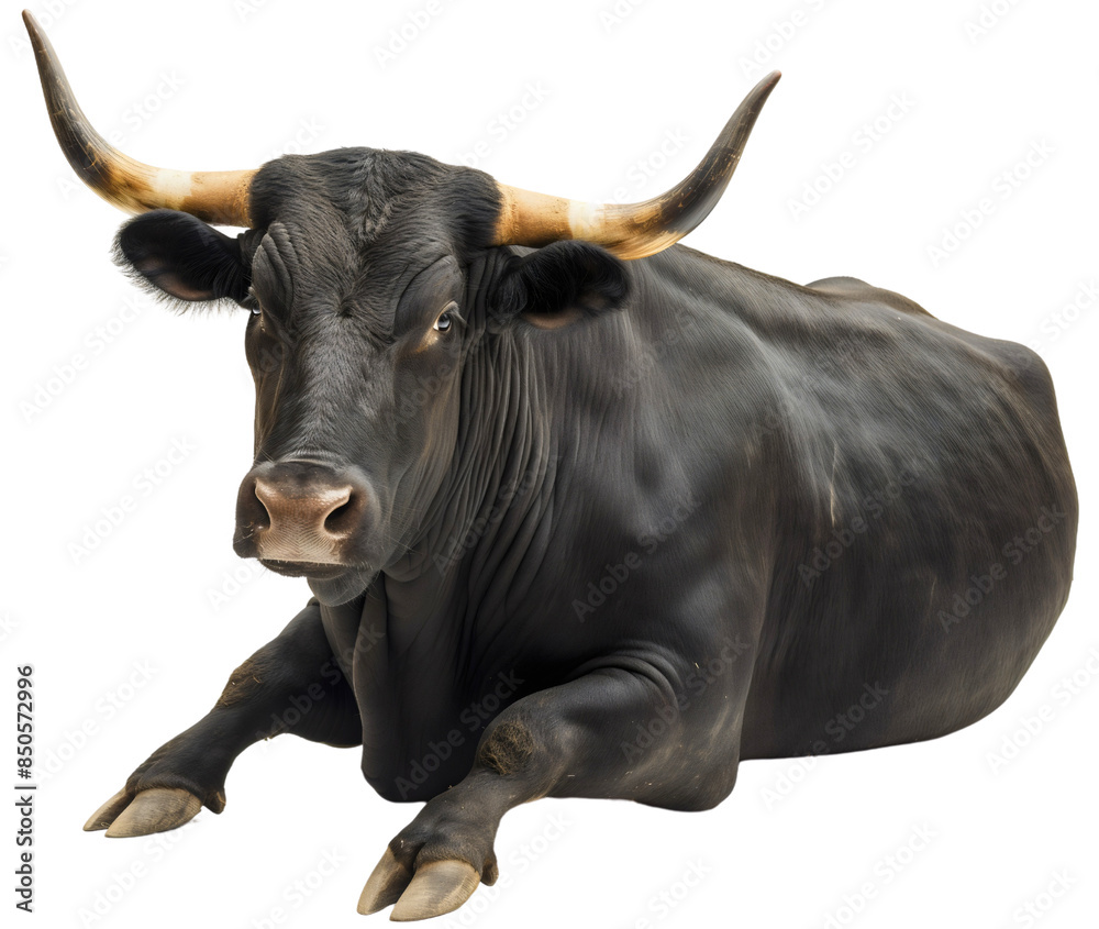 Black bull cow animal with big horns lying, isolated on transparent ...