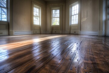 Poster - A minimalist interior design concept featuring wooden floors and large windows