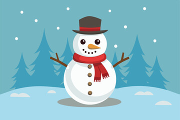 Sticker - An illustrated snowman with a hat and scarf stands in a snowy forest, Snowman Customizable Disproportionate Illustration