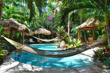 Poster - Exotic Poolside with Hammocks and Palapa Umbrellas