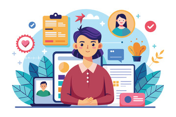 Poster - A smiling woman creates a social biography profile with a customizable interface, Social biography Customizable Semi Flat Illustration