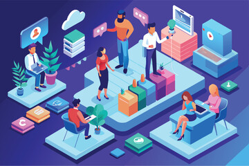 Sticker - A group of people are interacting in a modern office, using technology and working collaboratively, Social interaction Customizable Isometric Illustration