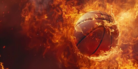 Poster - A basketball is flying through the air surrounded by flames