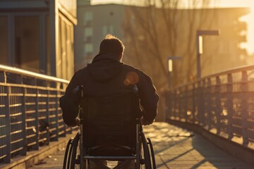 Wall Mural - A person in a wheelchair is sitting on a bridge, enjoying the view