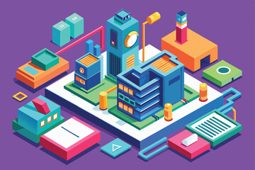 Canvas Print - Cityscape with modern buildings, tower, factories, and connected infrastructure in isometric style, Specs Customizable Isometric Illustration