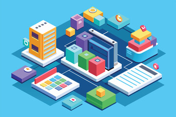 Poster - An isometric illustration depicting a network of customizable system specs, including servers, data storage, and devices, Specs Customizable Isometric Illustration