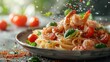 © Elen Nika - A plate of spaghetti with shrimp, cherry tomatoes and basil leaves