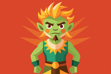 Sticker - Cartoon illustration of a green-skinned goblin with sunburn, frowning, and standing in a confident pose, Sunburn Customizable Cartoon Illustration