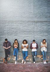 Aufkleber - People, row and online outdoor with technology for study break, social media and campus friends. College, students and wall background with texting for communication, digital interaction and search.