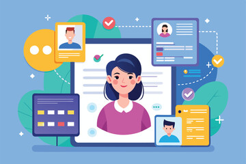 Poster - Flat artwork shows a womans profile on a tablet screen with custom options and multiple other profiles, Swipe profiles Customizable Flat Illustration