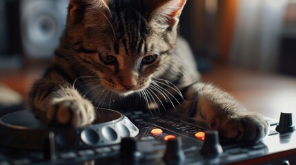 Poster - A curious cat plays with a gaming controller on a table, great for gaming or pet-themed illustrations