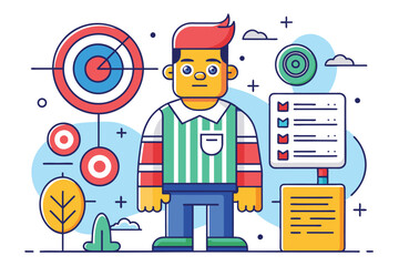 Poster - A cartoon-style illustration of a man with red hair standing in front of a target and checklist, Target Customizable Disproportionate Illustration