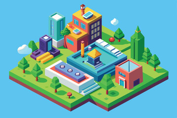 Canvas Print - Isometric illustration of a modern city featuring buildings and trees, perfect for customization, Throw down Customizable Isometric Illustration