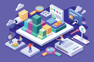 Poster - a colorful isometric illustration showcasing web search customization with three users working on da