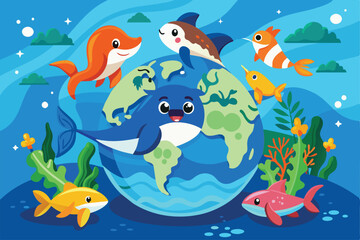 Wall Mural - A cartoon illustration celebrating World Oceans Day featuring a whale, dolphin, fish, and shark surrounding a cartoon Earth, World oceans day Customizable Cartoon Illustration