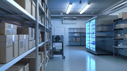 Wall Mural - A sterile, industrial freezer room with rows of neatly stacked boxes and a large stainless steel freezer in the background