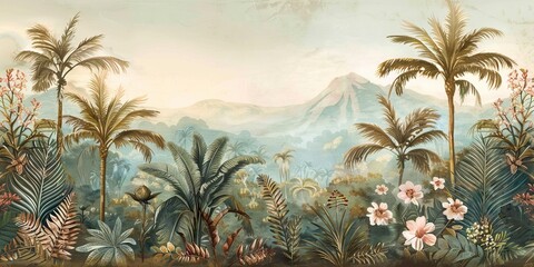 Wall Mural - Tropical forest landscape wallpaper design - Mural wallpaper - 3D illustration. AI generated illustration