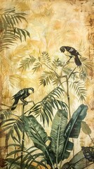 Wall Mural - Modern wallpaper. Watercolor jungle illustration. Crane bird elements, watercolor painting wallpaper. Mural wallpaper. AI generated illustration