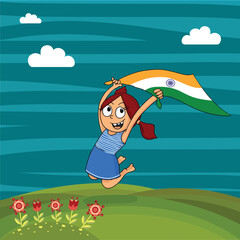 Poster - Cute little girl holding Indian national flag and jumping high on nature background for Independence Day celebration.