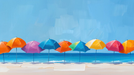 Wall Mural - Impressionist painting of a row of colorful beach umbrellas lined up on a sandy shore, with the blue ocean and clear sky in the background, capturing the essence of a vibrant summer day.