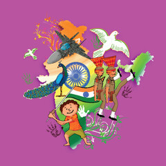 Poster - Happy Independence Day Concept with National Flag India Map Showing Indian Strength, National Bird Peacock, Peace Sign Pigeon and Cute Boy Waving Flag on Purple Background.