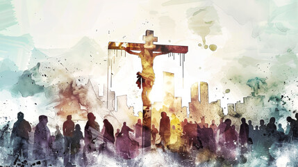 A watercolor painting depicts Jesus crucified on a cross against the backdrop of a city skyline