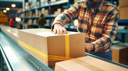 Wall Mural - A man in a warehouse holding a box as it moves along a conveyor belt