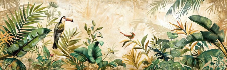 Wall Mural - Modern wallpaper. Watercolor jungle illustration. Crane bird elements, watercolor painting wallpaper. Mural wallpaper. AI generated illustration