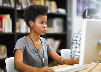 Poster - Research, university and woman at computer in library for education, online course or project development. Thinking, studying and college student reading web exam, for elearning, growth and planning.