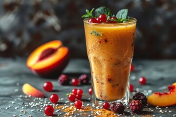 Wall Mural - Close up of a smoothie in a glass, surrounded by food ingredients on a table