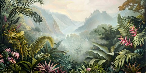 Colorful tropical rainforest. palm leaves and other plants. Aloha textile collection. Tropical forest with dense vegetation of trees, shrubs and vines. AI generated illustration