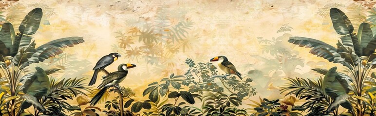 Wall Mural - Modern wallpaper. Watercolor jungle illustration. Crane bird elements, watercolor painting wallpaper. Mural wallpaper. AI generated illustration