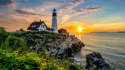 Sticker - Lighthouse at Sunrise on a Rocky Coast