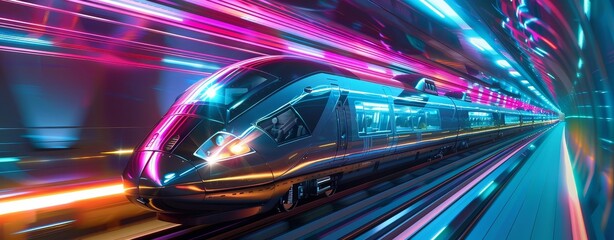 Poster - Futuristic train speeding through tunnel - An electrifying image of a futuristic train traveling at high speed through a vibrantly lit tunnel