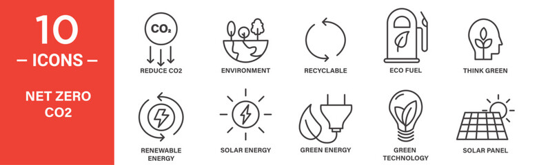 net zero co2 related vector icon set includes reduce co2, environment, recyclable, eco fuel, think green, renewable energy, solar energy, green energy, green technology, solar panel, and more icons