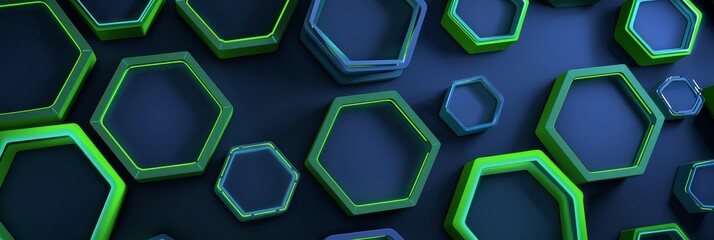 Wall Mural - Glowing blue hexagons on a dark surface - Illuminated blue hexagons create a structured, hi-tech pattern on a dark background, denoting advanced technology