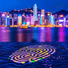 Poster - Detailed digital fingerprint on metallic surface with futuristic cityscape backdrop