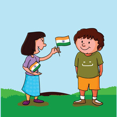 Canvas Print - Cute little girl giving Indian Flag to a boy on nature background for India Independence Day celebration.