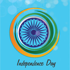 Sticker - Stylish Ashoka Wheel surrounded by national flag color circles on blue background for India Independence Day celebration.