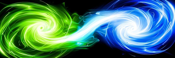 Wall Mural - Neon green and blue data streams with white circuitry on captivating black background