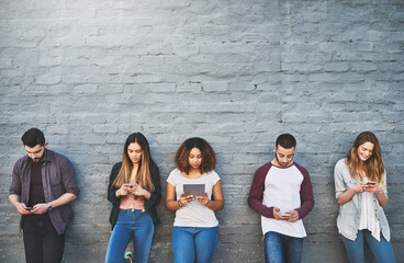 Poster - Students, row and texting outdoor with technology for study break, social media and campus friends. Collage, people and wall background with online for communication, digital or mockup and search