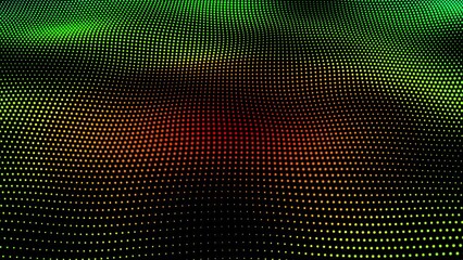 Poster - Multicolor digital dots form waves against on animated black abstract background. Futuristic, Modern, Digital, abstract, and technological dots on a wavy background
