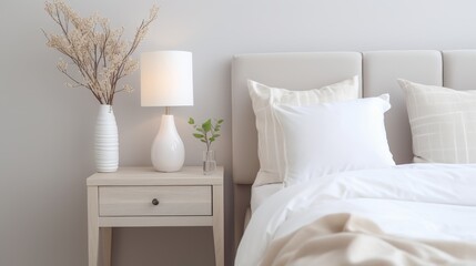 Wall Mural - a bedroom with a double bed and a wooden bedside table in light colors and a lamp